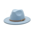 Detail of light blue wool fedora hat with brown faux leather belt and gold buckle - M(56-58cm) / Sky Blue