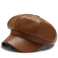Casquette gavroche classique en cuir PU marron avec une texture grainée de style rétro - Réglable / café