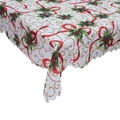 Nappe de Noël blanche avec baies rouges, volutes dorées et bordure festonnée élégante - Style B
