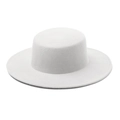 Classic white wool felt flat top boater hat with a wide brim for elegant styling - White