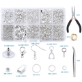 Silver jewelry making starter kit with metal findings, pliers, and tweezers for DIY crafts - Set 8-10 Grid Silver-White + Tools