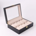 10-slot black wooden watch box with glass lid and beige velvet interior for collection - 10 Slots Black Beige Interior