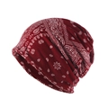 Winter windproof red paisley knit beanie hat for men and women with retro slouchy style - Burgundy
