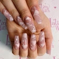 Unghie finte lunghe a bara rosa nude con nuvole bianche e stelle glitter argento - Stile Nuvola Rosa Nudo Stella (JP924)