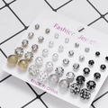 Set of 12 pairs of alloy stud earrings with rhinestones and pearls on display card - 20 Pairs Black White Classic Rhinestone Pearl Set