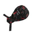 Adjustable black chef bandana hat featuring vibrant red chili pepper prints and ties - Red Chili Print