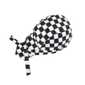 Close-up of black and white checkered chef headscarf with adjustable straps for catering - Black and White Plaid