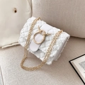 White plush lamb wool crossbody bag with golden deer head clasp and chain strap - White