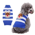 Close-up of blue and white striped pet sweater featuring a festive knitted reindeer design - Blue and White Striped Reindeer
