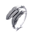 Retro S925 sterling silver feather ring with oxidized finish and vintage punk design - Adjustable Open / 925 Silver / Style YJ153/B (Double Feather Design)