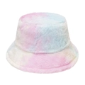 Nahaufnahme der weichen Regenbogen-Plüschstruktur eines warmen Winter-Anglerhutes - Einheitsgröße(58cm) / Rosa Gelb