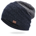 Bonnet en maille chenille à rayures bleu marine et gris avec doublure polaire chaude - Taille Unique (56-60cm) / Marine/Gris