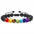 Adjustable seven chakra lava stone beaded bracelet with braided cord and natural gems - 7 Chakra Lava Stone Braided Adjustable Bracelet