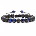 Adjustable woven bracelet featuring black lava rock beads and blue tiger eye stone beads - Black Lava Stone with Blue Tiger Eye Braided Bracelet