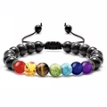 Adjustable 7 chakra healing stone beaded bracelet with glossy black onyx stones - Polished Black Agate with 7 Chakra Adjustable Braided Bracelet