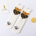 Weiße Korallenfleece Wintersocken mit Bärengesicht und niedlichen 3D Tierohren - Einheitsgröße / Weiß