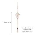 White wooden Christmas house ornament with grey tree silhouette and jute rope hanging, 25cm - White Christmas House