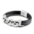 Pulsera de hombre en cuero negro trenzado con eslabones de acero inoxidable y cierre imán - Color Acero (KB125612-KFC)