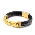 Bracelet pour hommes en cuir tressé noir avec maillons et fermoir en acier inoxydable doré - Or (KB138108-KFC)