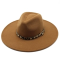 Brown wide-brim wool fedora hat with leopard print band and golden buckle detail - Adult 57-59cm / Light Coffee