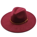 Classic wide brim wool fedora hat in wine red with a stylish brown leather band strap - Adult / Burgundy