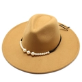 British style camel wool fedora hat with wide brim and pearl band for men and women - Adult 57-59cm / Camel
