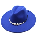 Close-up of royal blue fedora hat featuring elegant faux pearls and black ribbon band - Adult 57-59cm / Blue