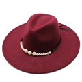 Elegant burgundy wool fedora hat with 9.5cm wide brim and decorative pearl beads ribbon - Adult 57-59cm / Burgundy