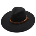 Detail of wide brim black wool fedora with brown leather band and gold buckle - Adult 57-59cm / Black