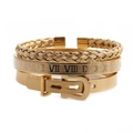 Gold stainless steel bangle set with Roman numerals, woven texture and belt buckle design - 3-Piece Gold Set