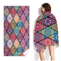 Bohemian microfiber beach towel with vibrant mandala geometric patterns in rose and blue - Geometric Ethnic (Single-sided Print with PE Bag)