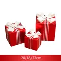 Three-piece red Christmas gift box set with white satin bows and striped ribbons - Three-Piece Set / Red & White Gift Pack