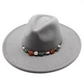 Detailed close-up of dark grey wool fedora with bohemian shell and stone band decoration - Adult 57-59cm / Light Gray