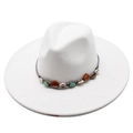 White wide-brim wool fedora hat with bohemian woven band and turquoise shell details - Adult 57-59cm / White