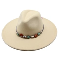 Detail of beige wool fedora hat with bohemian woven band and seashell stone accents - Adult 57-59cm / Beige
