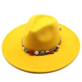 Detail of yellow wool fedora hat with bohemian woven band featuring turquoise and shells - Adult 57-59cm / Yellow