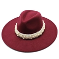 Detail of burgundy wool fedora hat with elegant white pearl trim around the wide brim - Adult 57-59cm / Burgundy