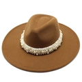 Macro detail of camel wool fedora hat featuring elegant layered faux pearl band decoration - Adult 57-59cm / Light Coffee