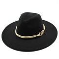 Classic black wide brim wool jazz fedora hat with elegant gold chain and rope band - Adult 57-59cm / Black