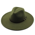 Classic olive green wide brim wool fedora hat with brown leather band and metal studs - Adult 57-59cm / Army Green