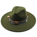 Close-up of bohemian hat band with turquoise stone, coins, and ethnic woven beads - Adult 57-59cm / Army Green