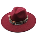 Burgundy wool felt wide brim fedora hat with bohemian ethnic beaded band and turquoise - Adult 57-59cm / Burgundy