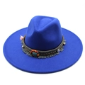 Classic bright blue wool fedora hat with ethnic beaded band and 9.5cm wide brim - Adult 57-59cm / Blue