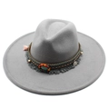 Close-up of ethnic band with turquoise beads and coins on dark grey wool fedora hat - Adult 57-59cm / Light Gray