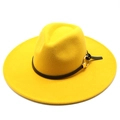 Detail of bright yellow wool fedora hat with black leather belt and gold buckle - Adult 57-59cm / Yellow