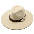 Detail of beige wool fedora featuring leopard print band with pearls and floral charms - Beige