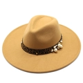Detail of wool fedora hat with leopard print band, white pearls, and gold flower accents - Camel