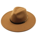 Camel wool jazz fedora hat with wide brim and gold chain decoration on black leather band - 57-59cm / Light Coffee