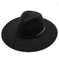 Classic black wide brim wool jazz fedora hat for women and men with gold chain decoration - 57-59cm / Black