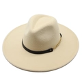 Beige wide brim wool fedora hat with heart crown and gold chain trim for men and women - 57-59cm / Beige